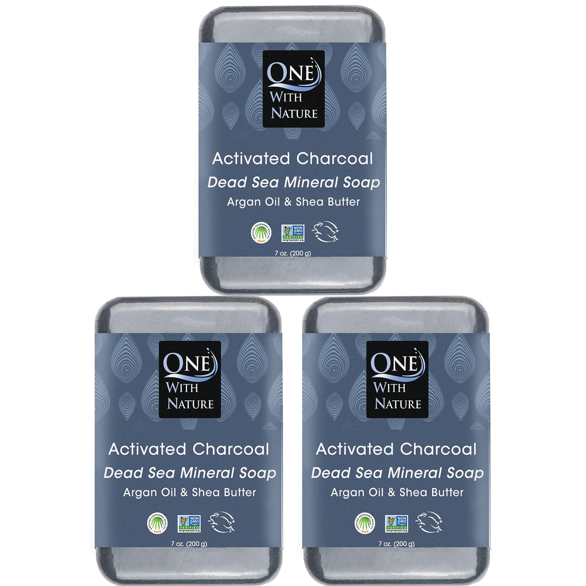 One With Nature activated charcoal soap closeup showing detoxifying charcoal for clearer skin