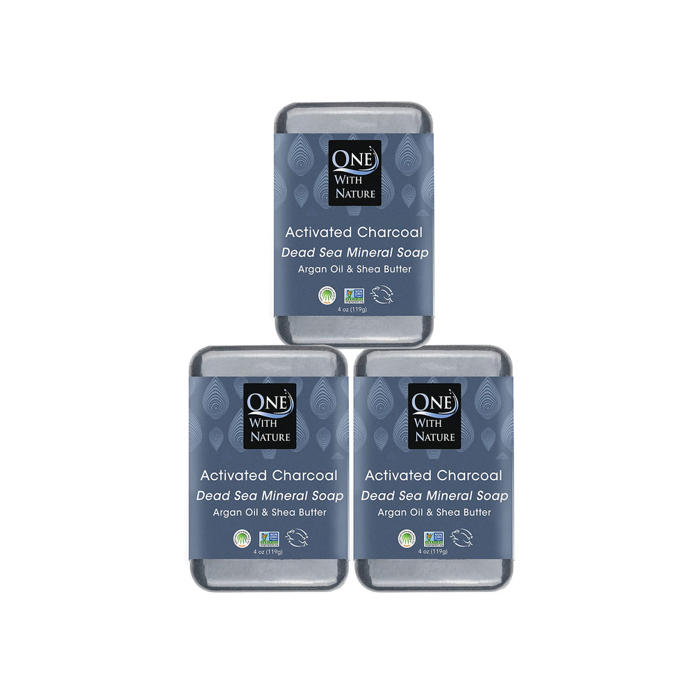 One With Nature activated charcoal soap pack outer view highlights detoxifying bar for face and body