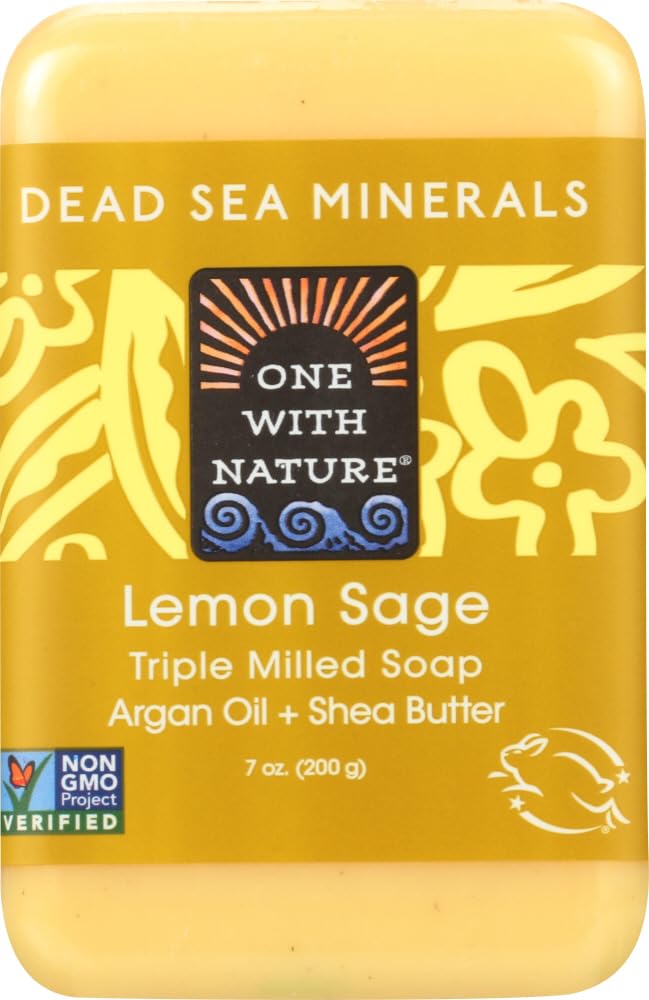 One With Nature Dead Sea Mineral Soap Lemon Sage bar closeup showing minerals and soothing scent.