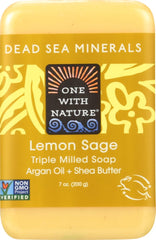 One With Nature Dead Sea Mineral Soap Lemon Sage bar closeup showing minerals and soothing scent.