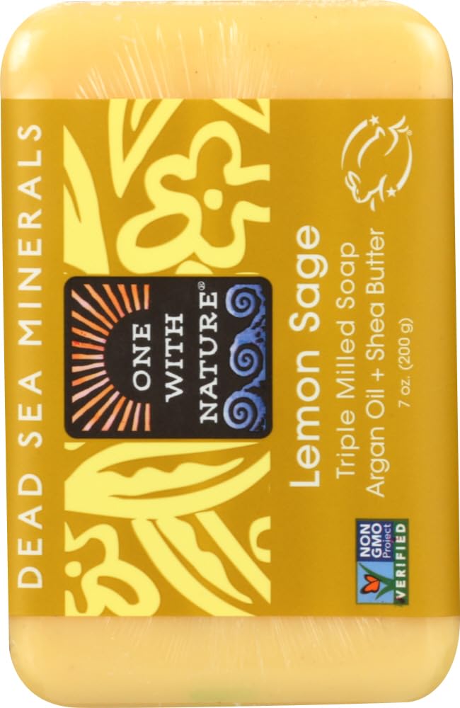 One With Nature Dead Sea Mineral Soap Lemon Sage bar lathers smoothly to cleanse while restoring skin pH.