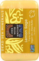 One With Nature Dead Sea Mineral Soap Lemon Sage bar lathers smoothly to cleanse while restoring skin pH.