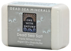 One With Nature Dead Sea mineral soap pack of 6 shown, durable bars for weeks of cleansing.