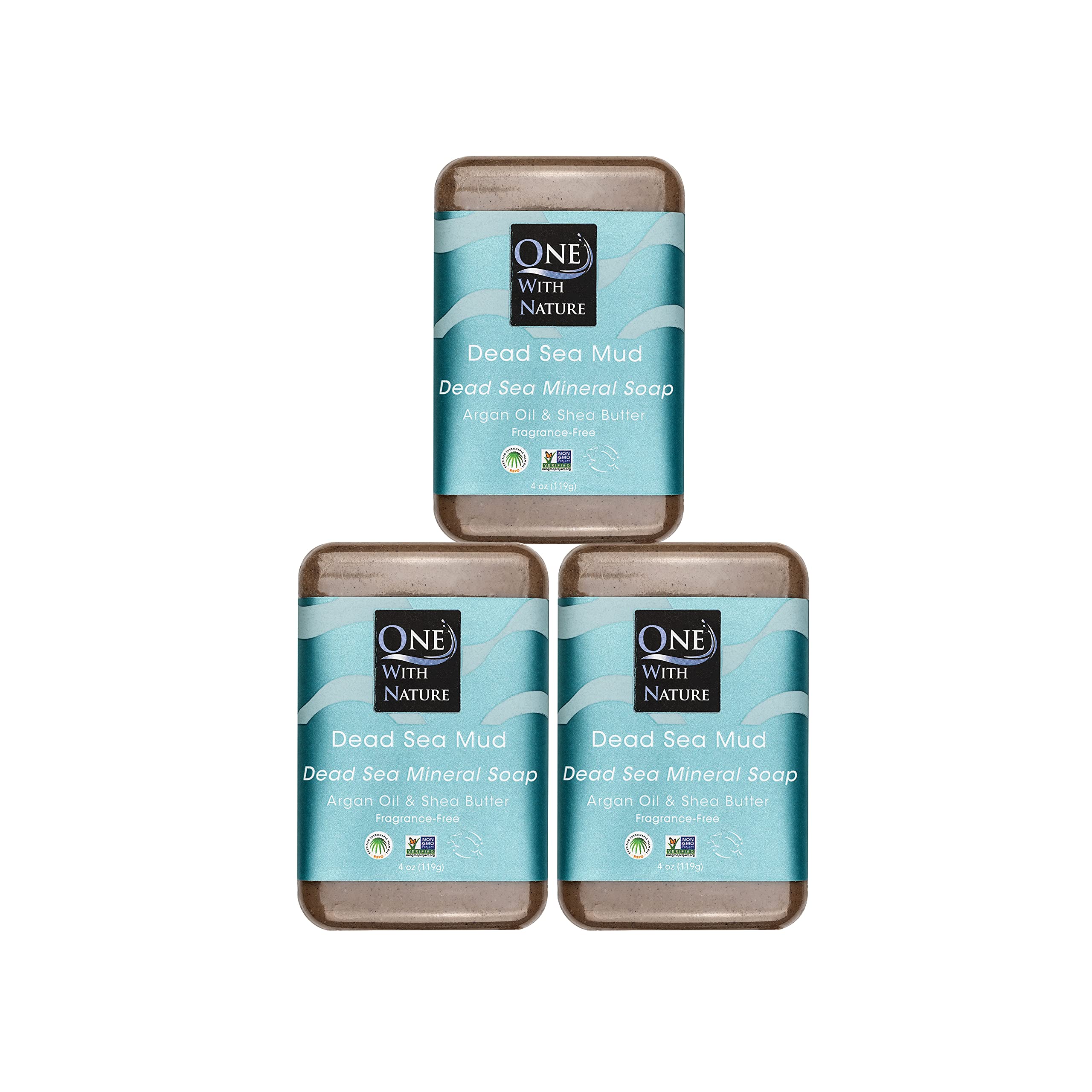 One With Nature Dead Sea Mud Soap 3-pack packshot shows mineral-rich formula for purifying skin