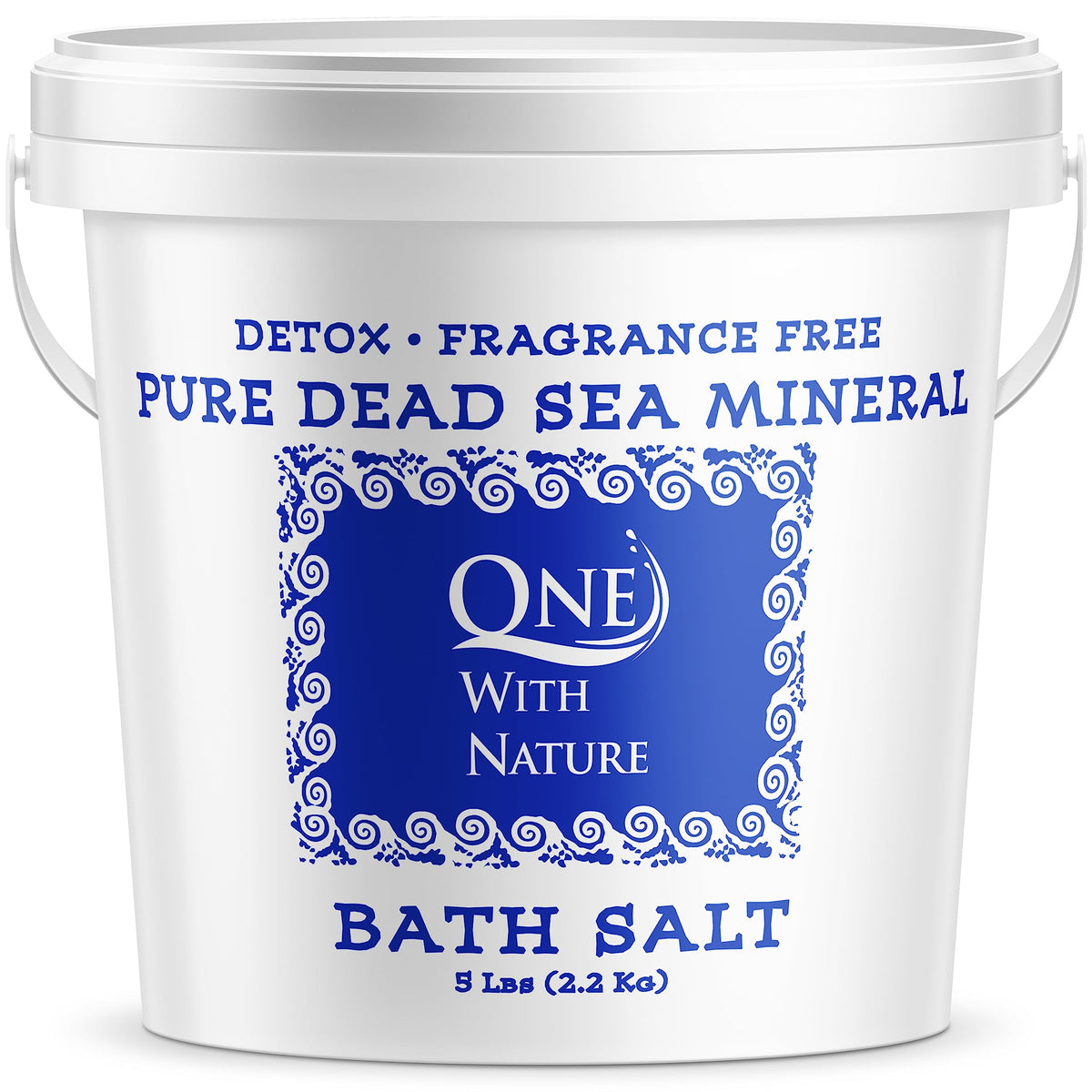 One With Nature Dead Sea Salt bath bag shows a 5lb bag for a mineral-rich soak