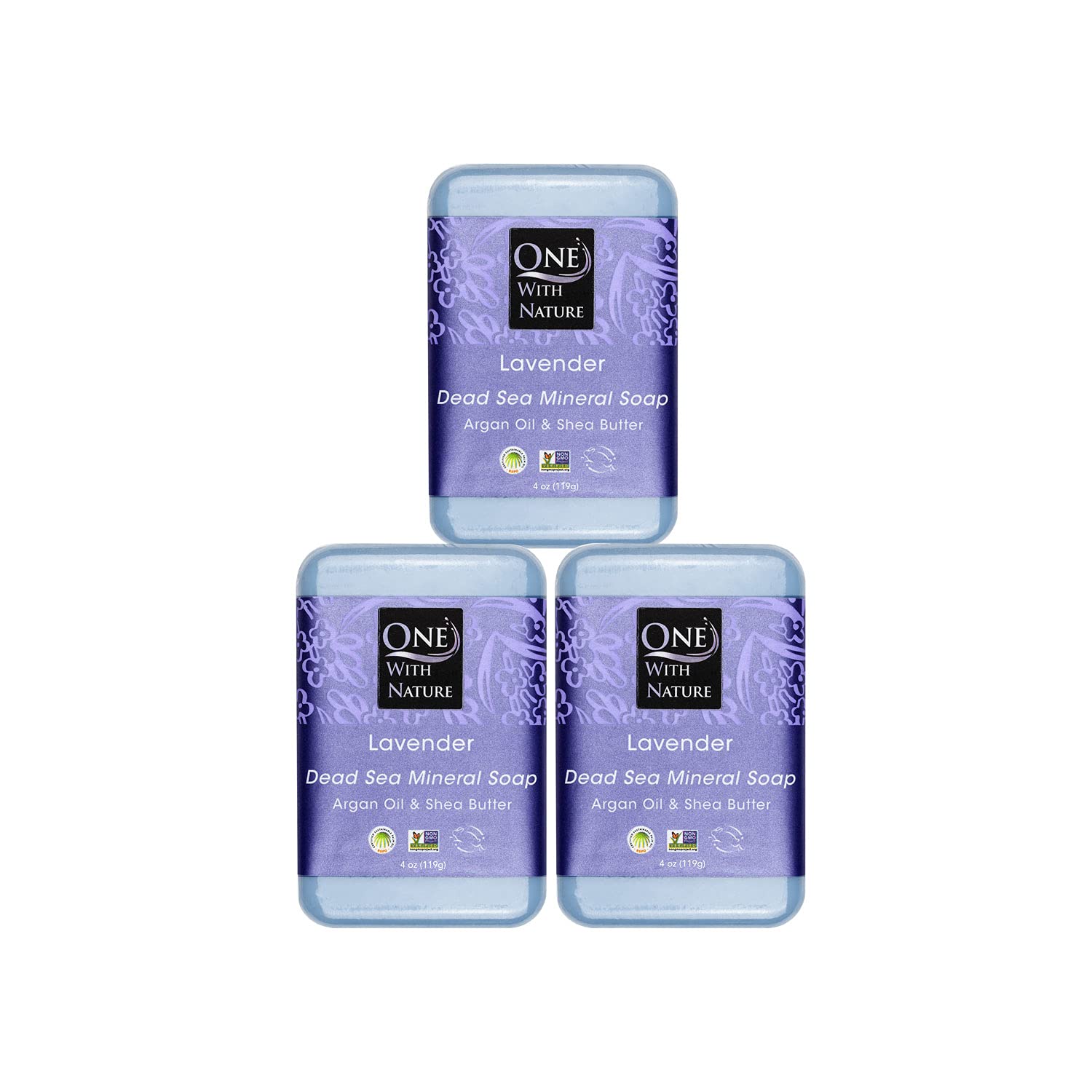 One With Nature Dead Sea Salt Lavender Soap pack front demonstrates soothing cleansing