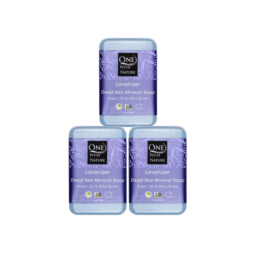 One With Nature Dead Sea Salt Lavender Soap pack front demonstrates soothing cleansing