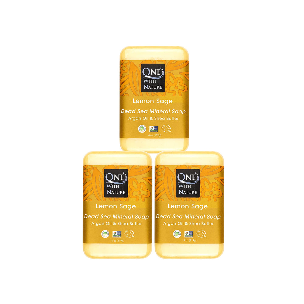 One With Nature Dead Sea Salt Lemon Sage Soap 3-pack packshot for face and body cleansing