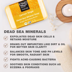 One With Nature Dead Sea Salt Lemon Sage soap bar closeup shows mineral-rich exfoliation for skin.