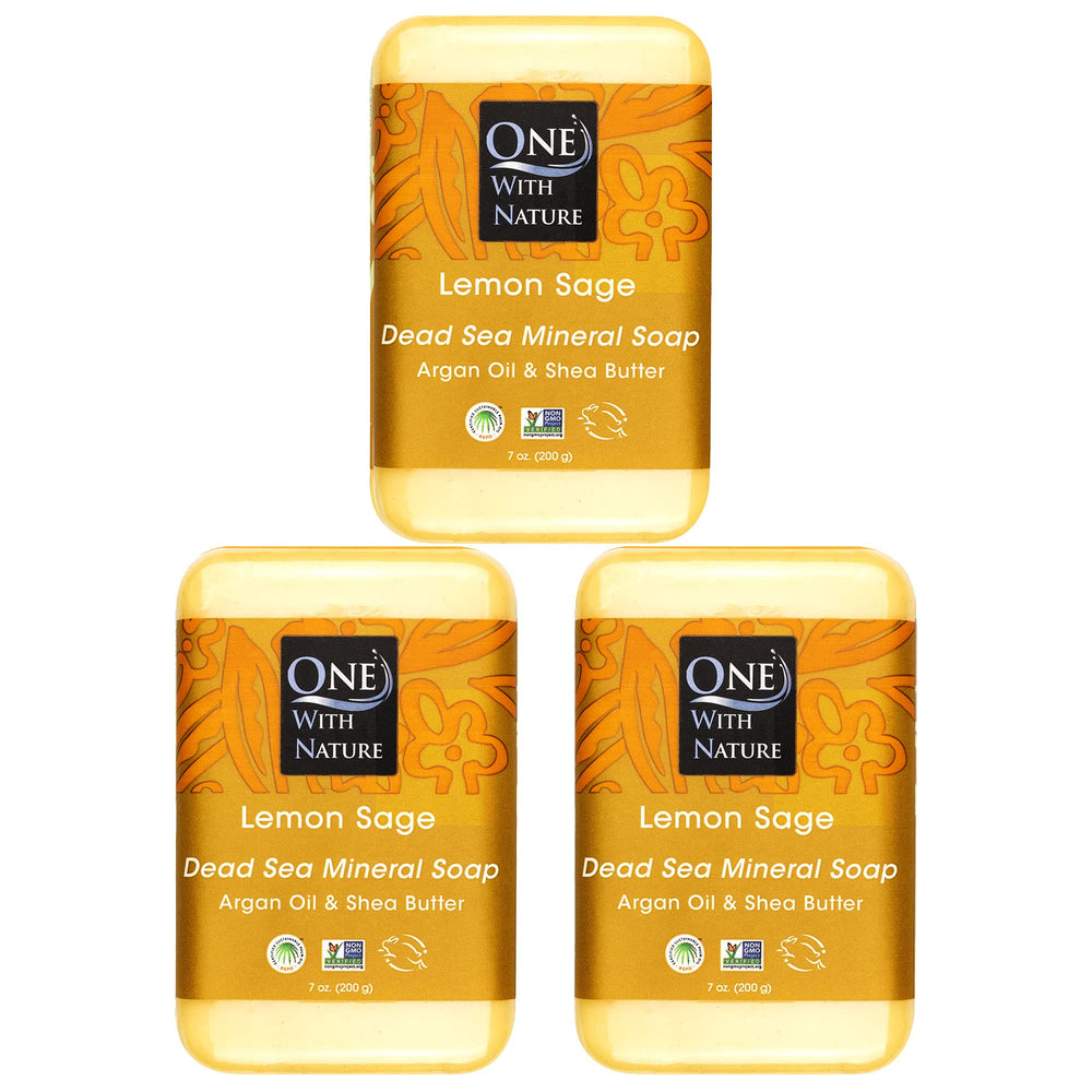 One With Nature Dead Sea Salt Lemon Sage soap packaging closeup highlights eco-friendly packaging.