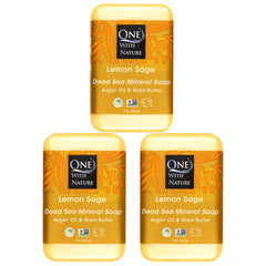 One With Nature Dead Sea Salt Lemon Sage soap packaging closeup highlights eco-friendly packaging.