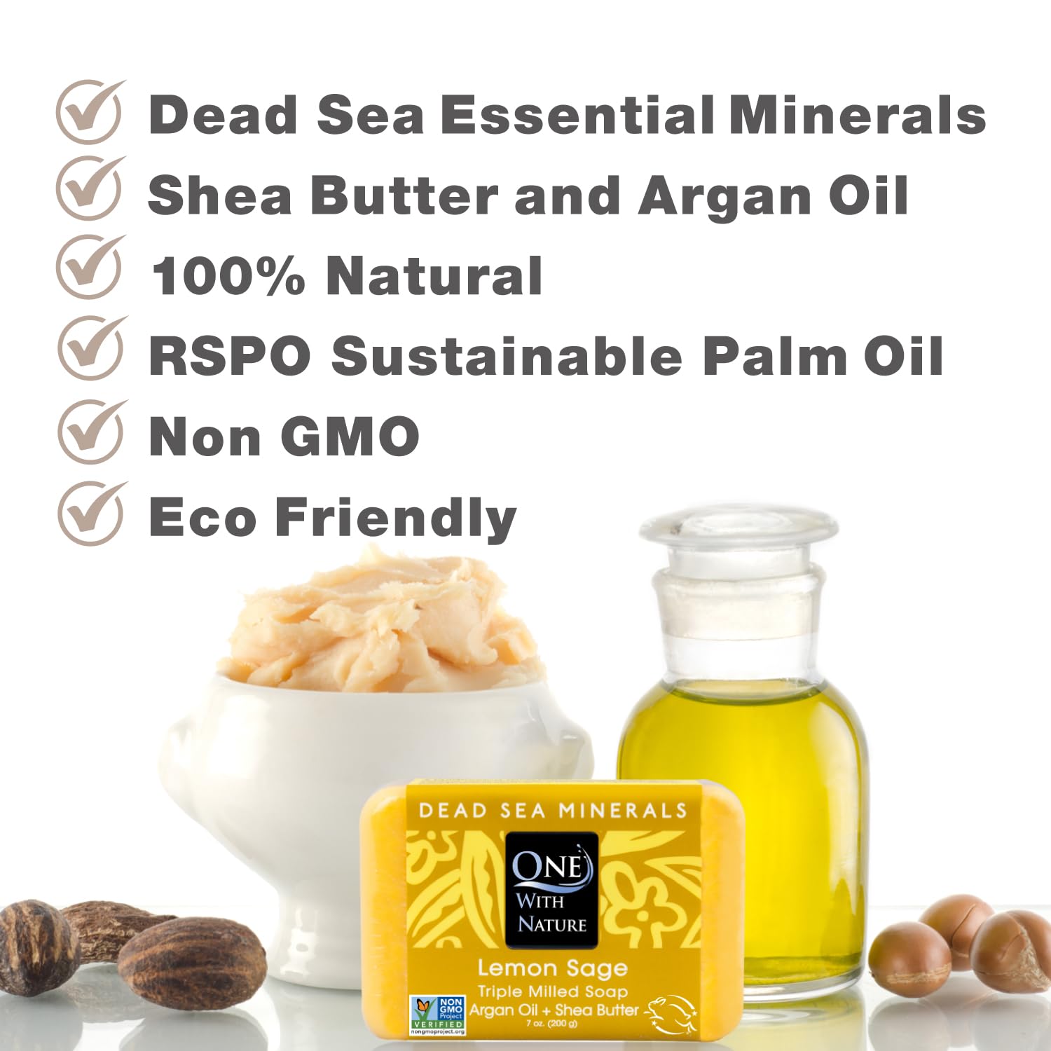 One With Nature Dead Sea Salt Lemon Sage soap with mineral crystals conveys cleansing with Dead Sea minerals.
