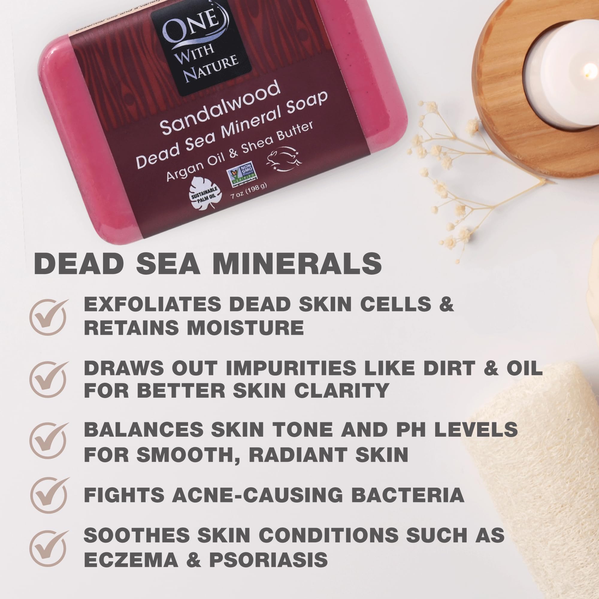 One With Nature Dead Sea Salt Sandalwood Soap bars collection highlights gentle cleansing