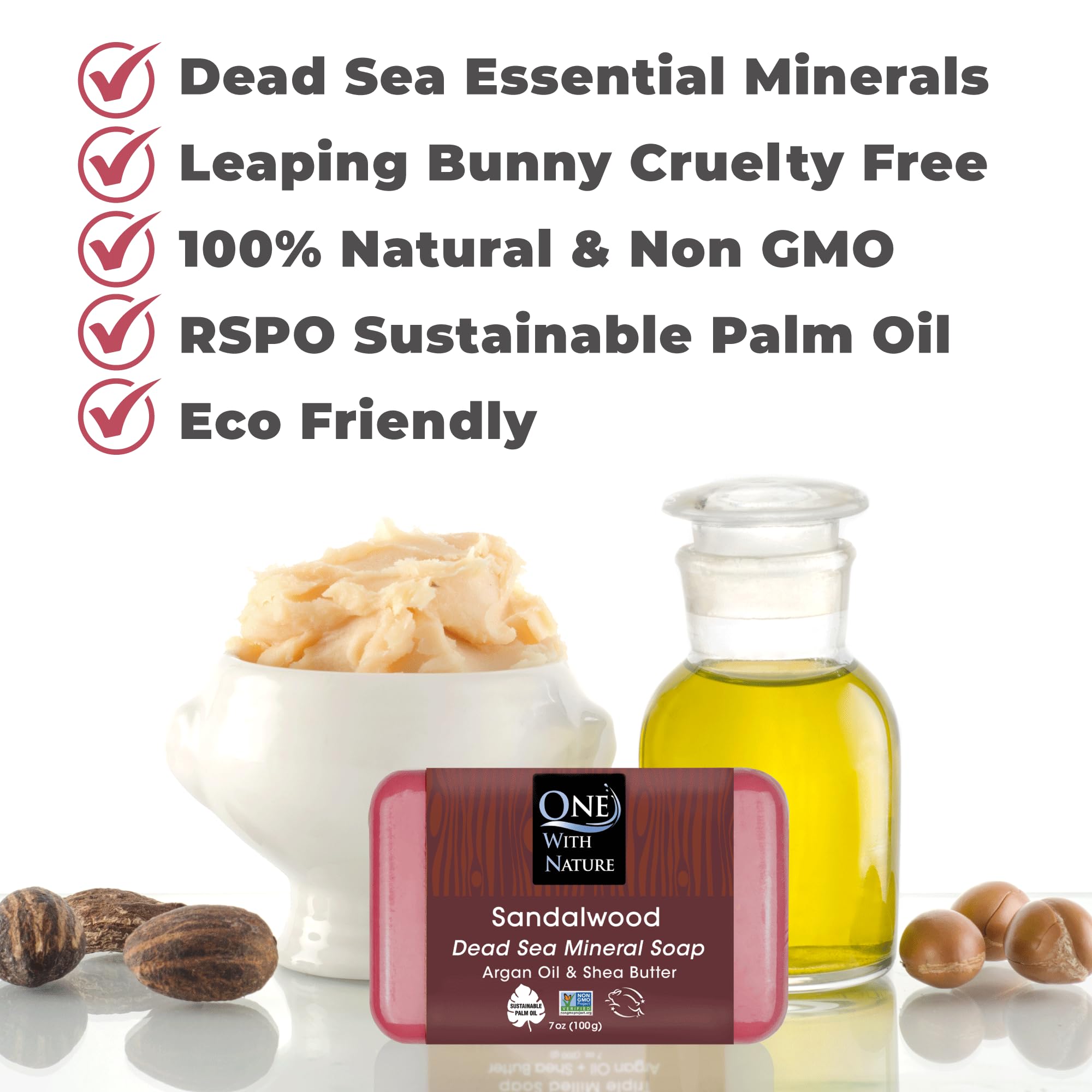 One With Nature Dead Sea Salt Sandalwood Soap ingredients close-up highlights minerals and oils