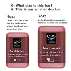 One With Nature Dead Sea Salt Sandalwood Soap pack back label outlines ingredients and care
