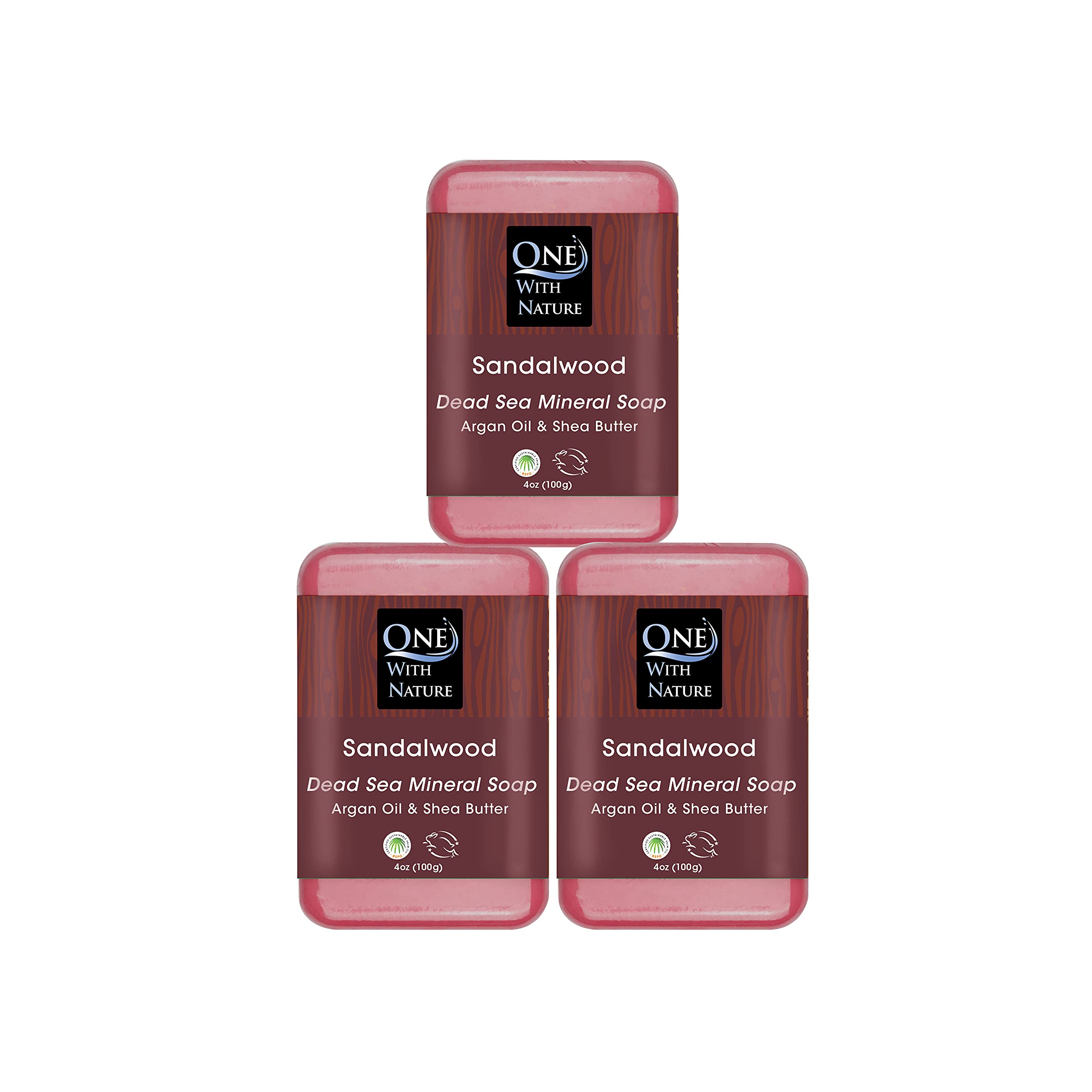 One With Nature Dead Sea Salt Sandalwood Soap pack front view for cleansing and exfoliation