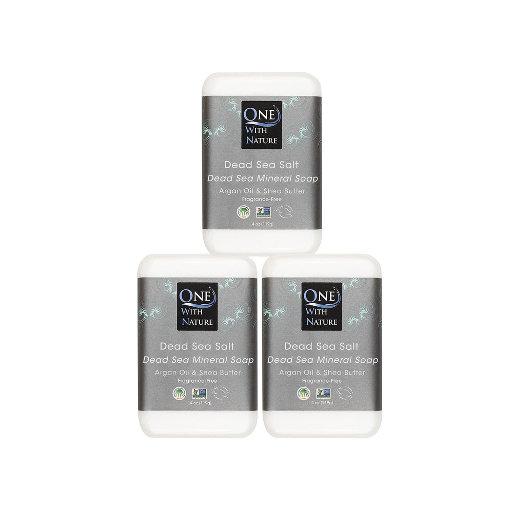 One With Nature Dead Sea Salt Soap 3-Pack package—three bars for daily cleansing and family use.