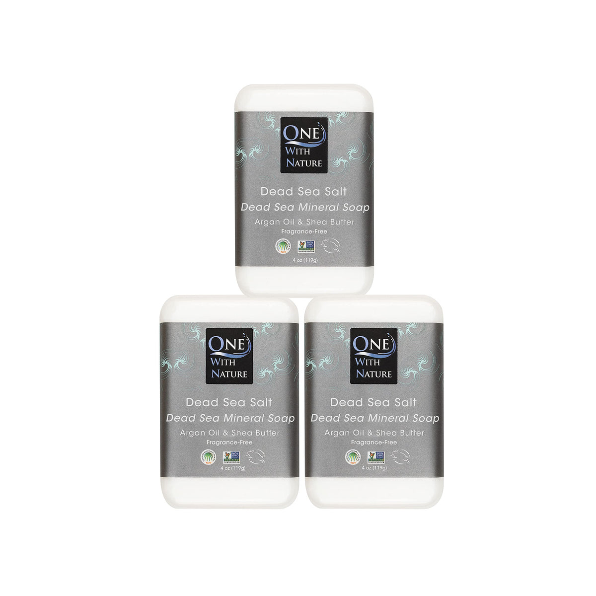 One With Nature Dead Sea Salt Soap 3-Pack package—three bars for daily cleansing and family use.