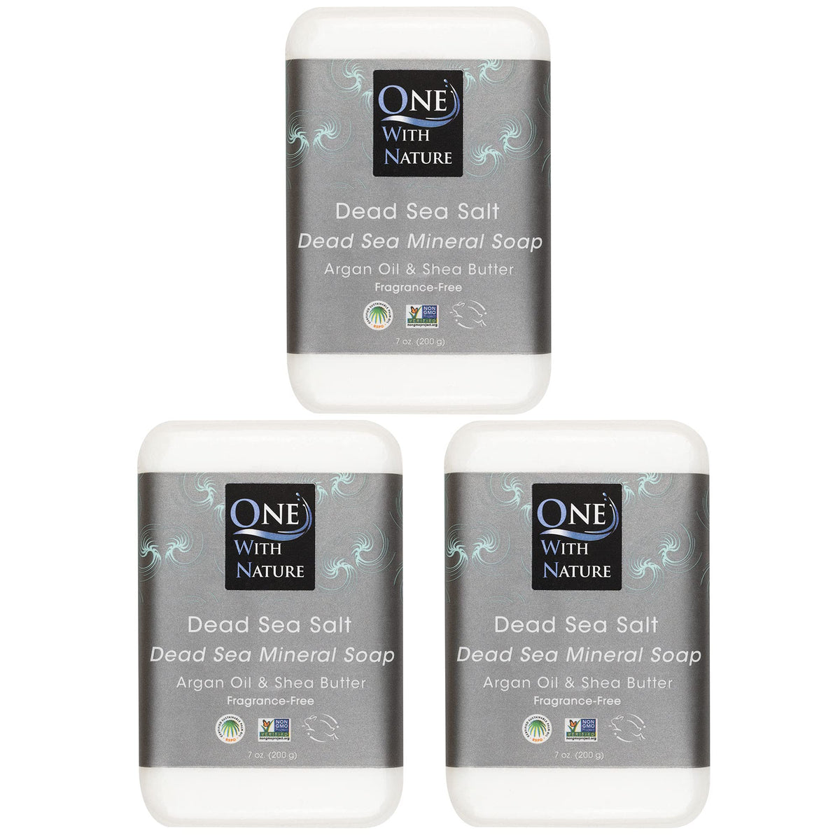 One With Nature Dead Sea Salt Soap bar closeup shows mineral-rich exfoliation for smoother skin.