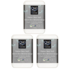 One With Nature Dead Sea Salt Soap bar closeup shows mineral-rich exfoliation for smoother skin.