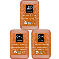 One With Nature Dead Sea Salt Turmeric Soap front view for purifying exfoliation and balance