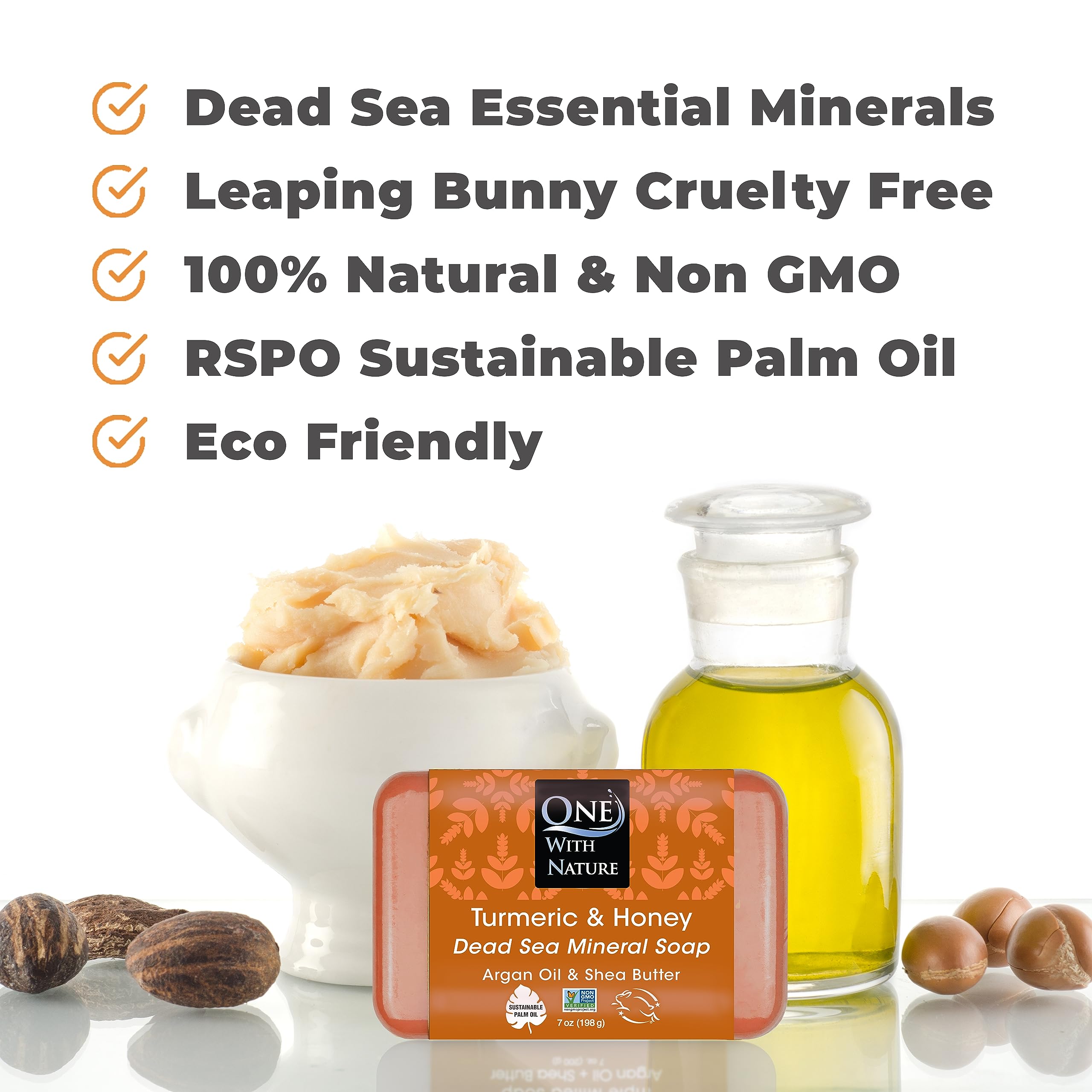 One With Nature Dead Sea Salt Turmeric Soap label detail showing natural ingredients