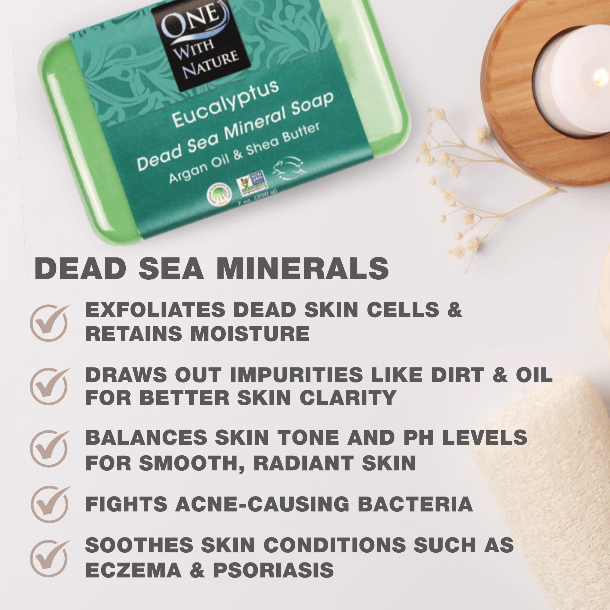 One With Nature eucalyptus soap 7oz close-up—shea butter and argan oil moisturize skin.
