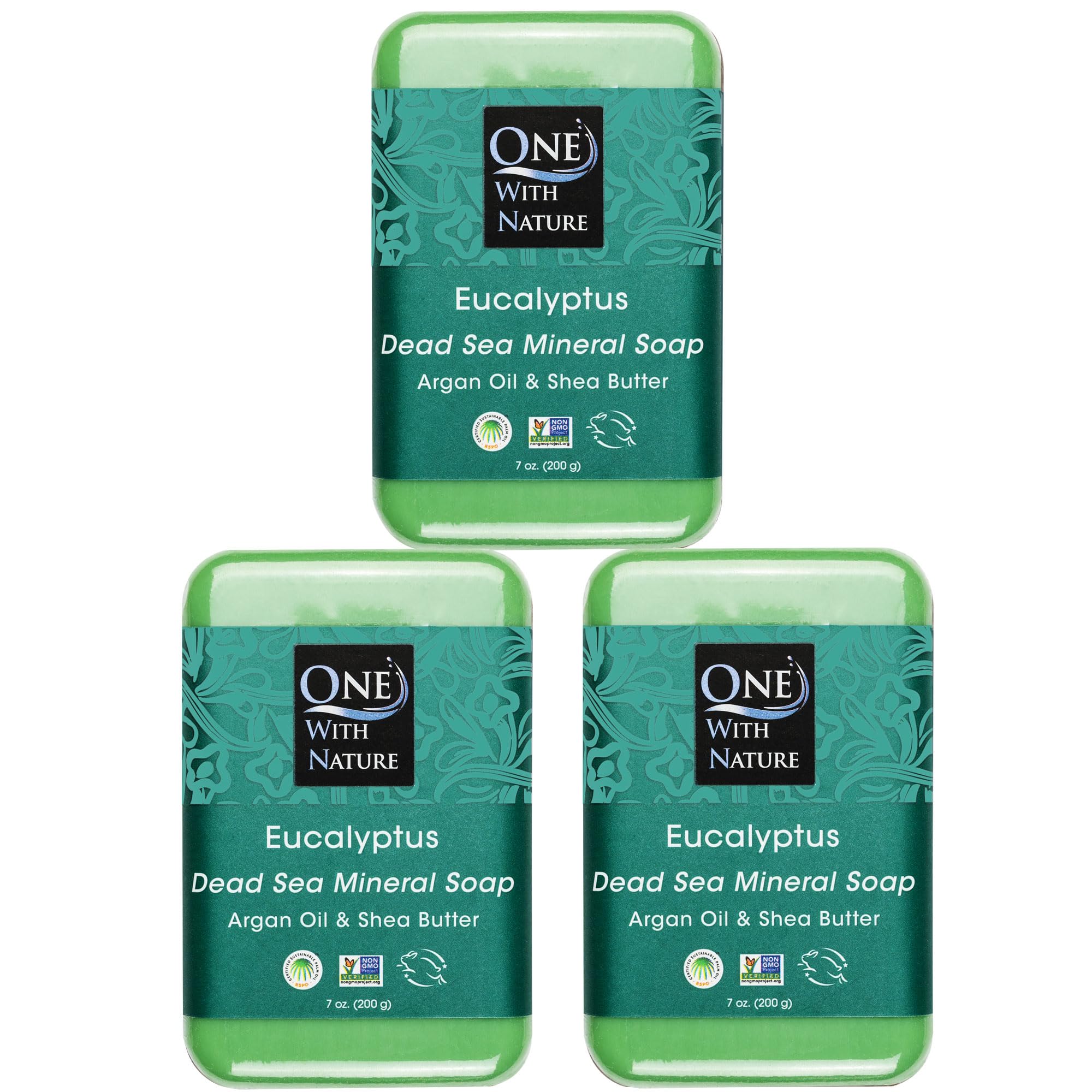 One With Nature eucalyptus soap 7oz 3-pack packaging—eco-friendly presentation for cleansing.
