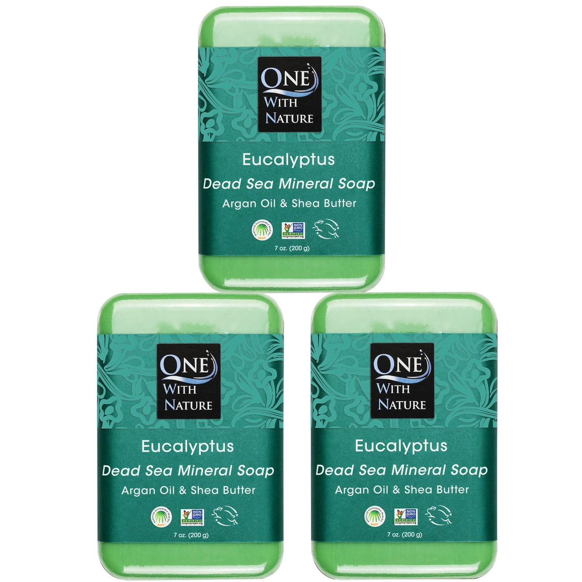One With Nature eucalyptus soap 7oz 3-pack packaging—eco-friendly presentation for cleansing.