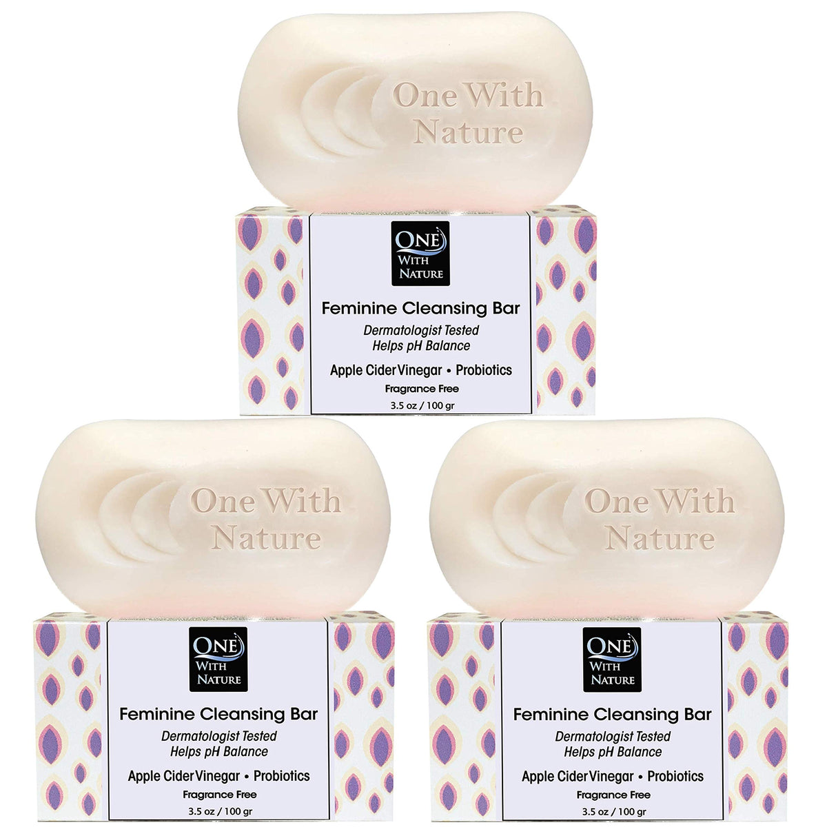 One With Nature Feminine Cleansing Bar 3Pack front view with eco-friendly packaging