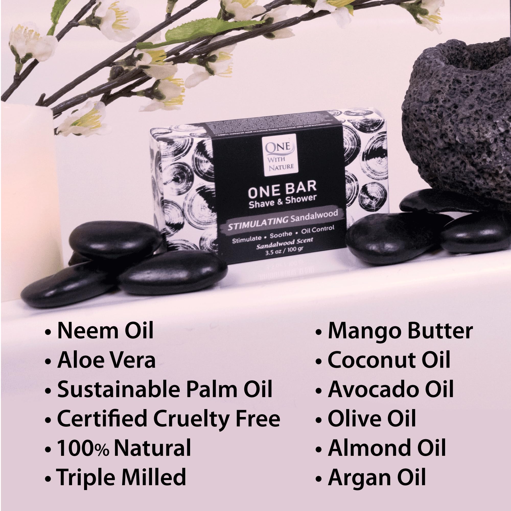 One With Nature sandalwood bar delivers soothing scent and balanced skin.