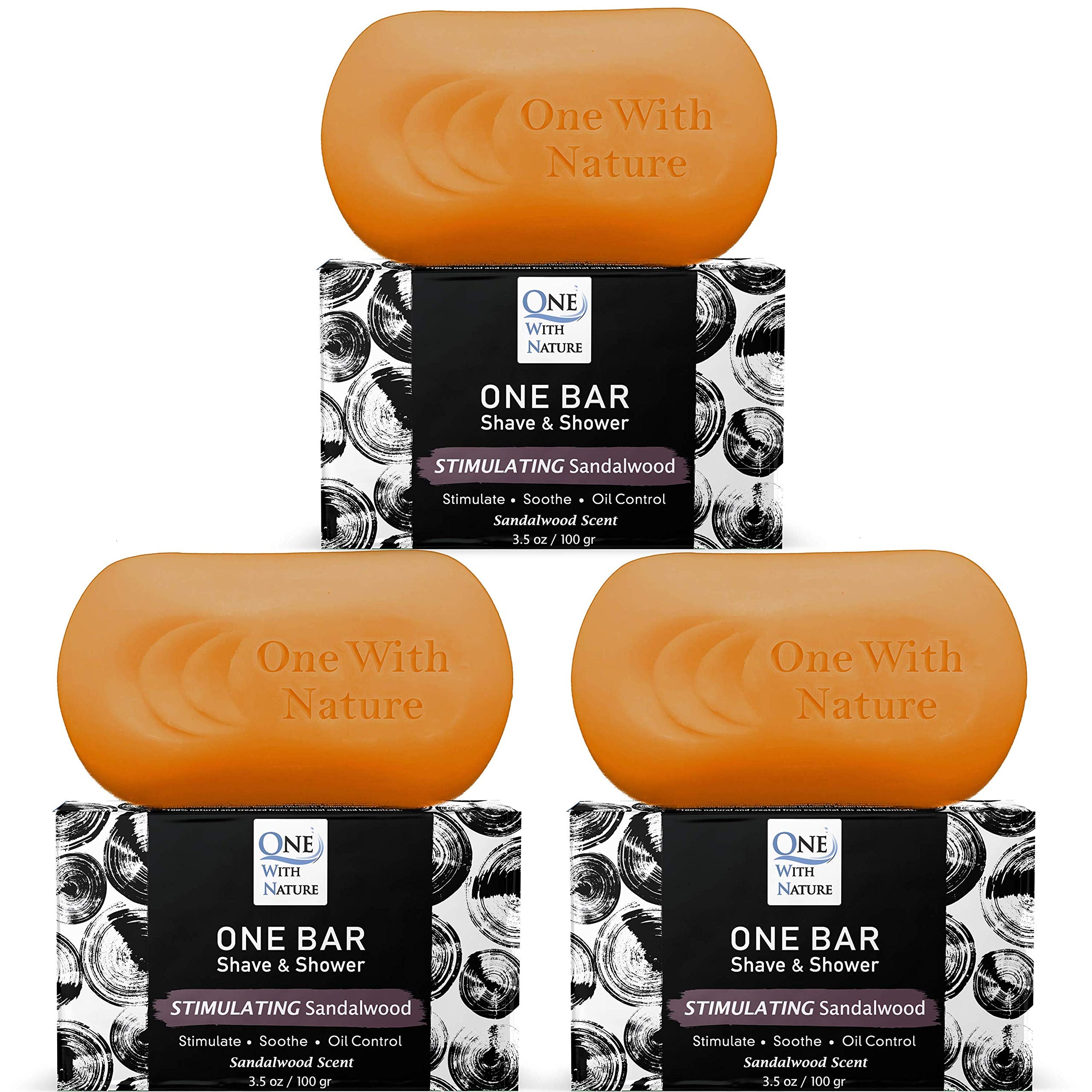 One With Nature ONE Bar Stimulating Sandalwood packaging shows natural cleansing for all skin types.