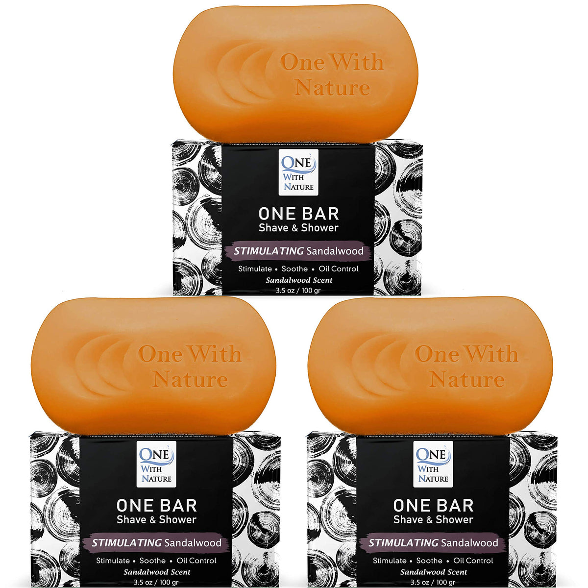 One With Nature ONE Bar Stimulating Sandalwood packaging shows natural cleansing for all skin types.