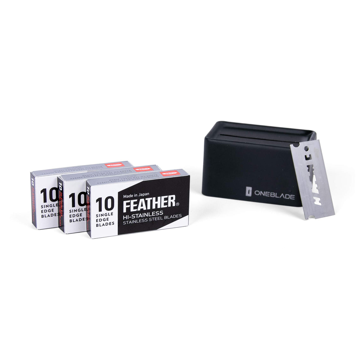 OneBlade Feather FHS-10 blades pack shows sharp Japanese steel for precise shaving