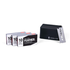 OneBlade Feather FHS-10 blades pack shows sharp Japanese steel for precise shaving
