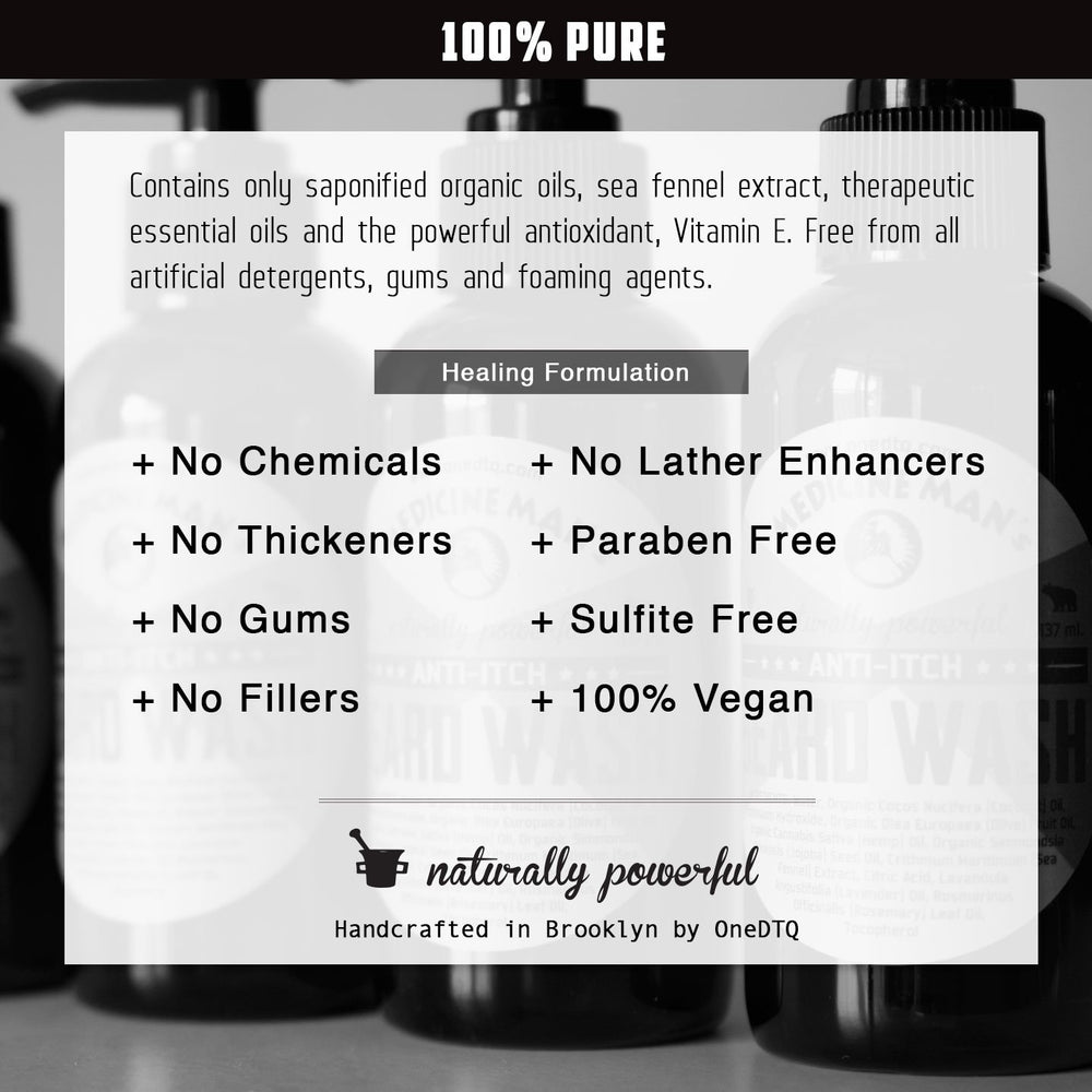 OneDTQ Medicine Man's Itchy Beard Wash closeup natural formula emphasizes organic ingredients