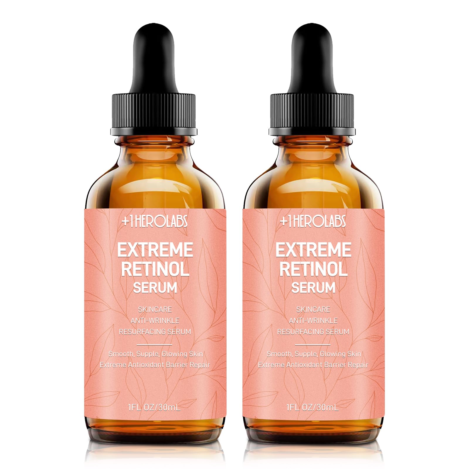 +1HEROLABS retinol serum bottle closeup demonstrates rapid absorption and skin renewal potential.