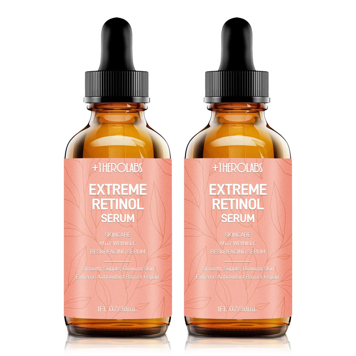 +1HEROLABS retinol serum bottle closeup demonstrates rapid absorption and skin renewal potential.