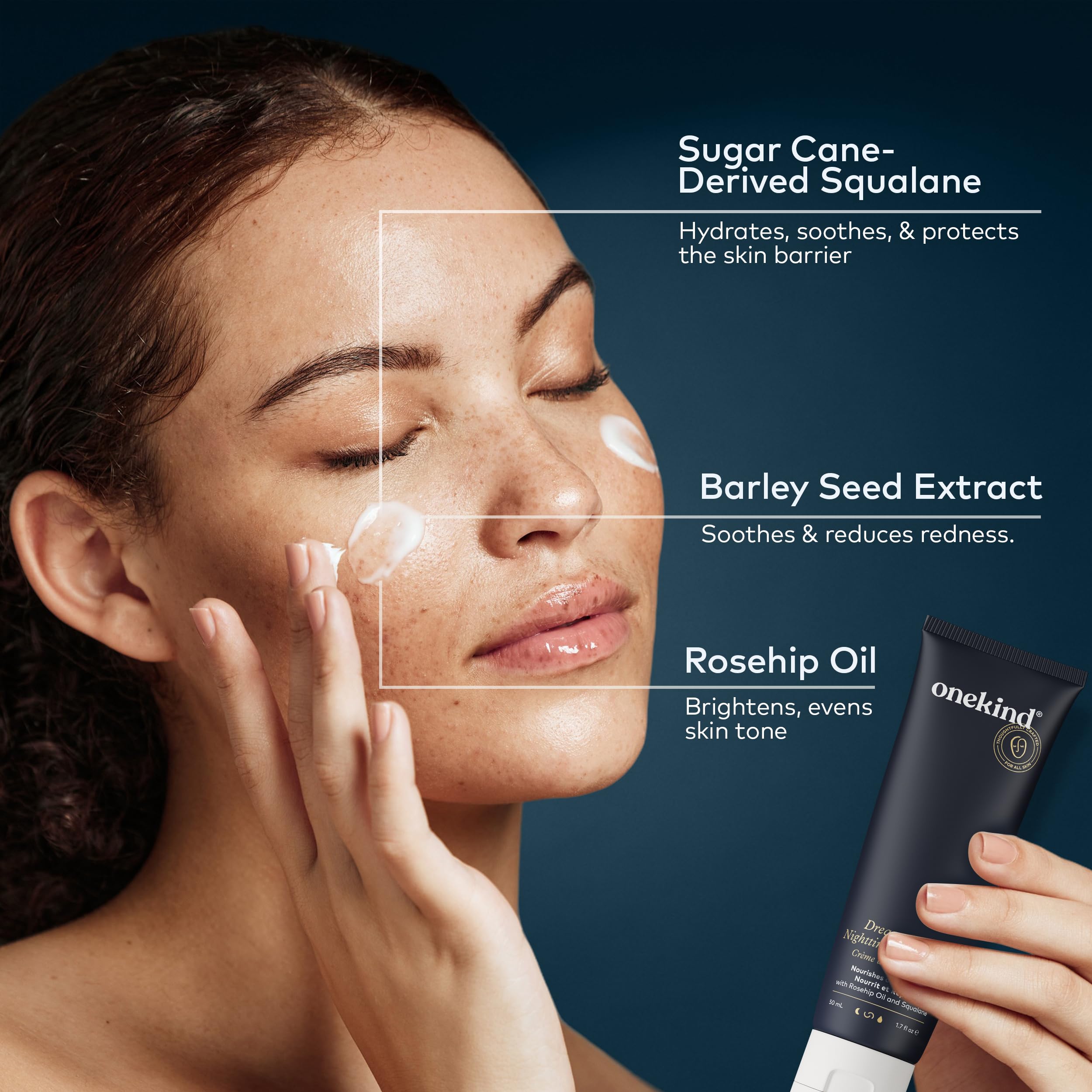 Onekind Dream Cream Night face application demonstrates smooth nightly skincare ritual.