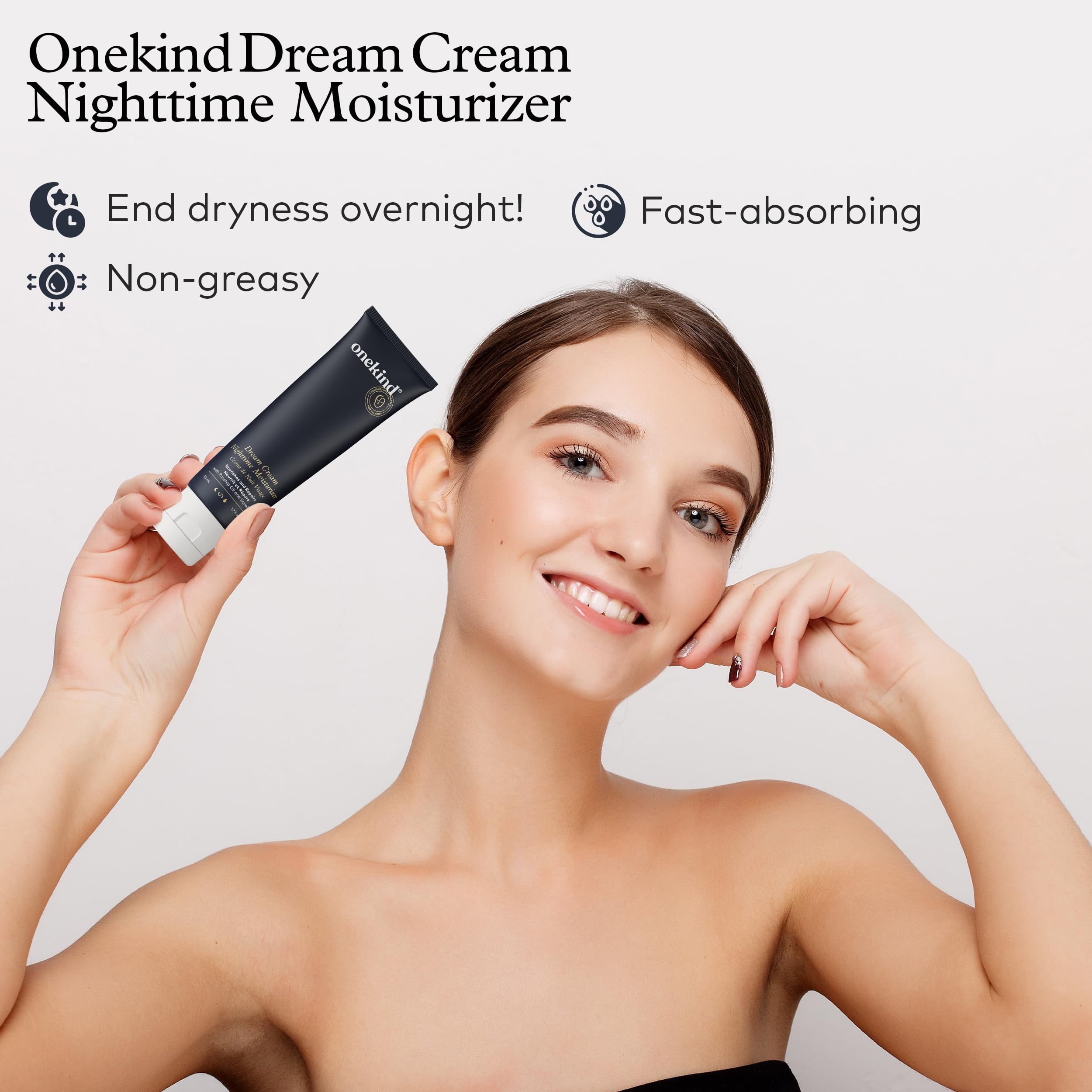 Onekind Dream Cream Night fragrance-free label reinforces safe use on sensitive complexions.