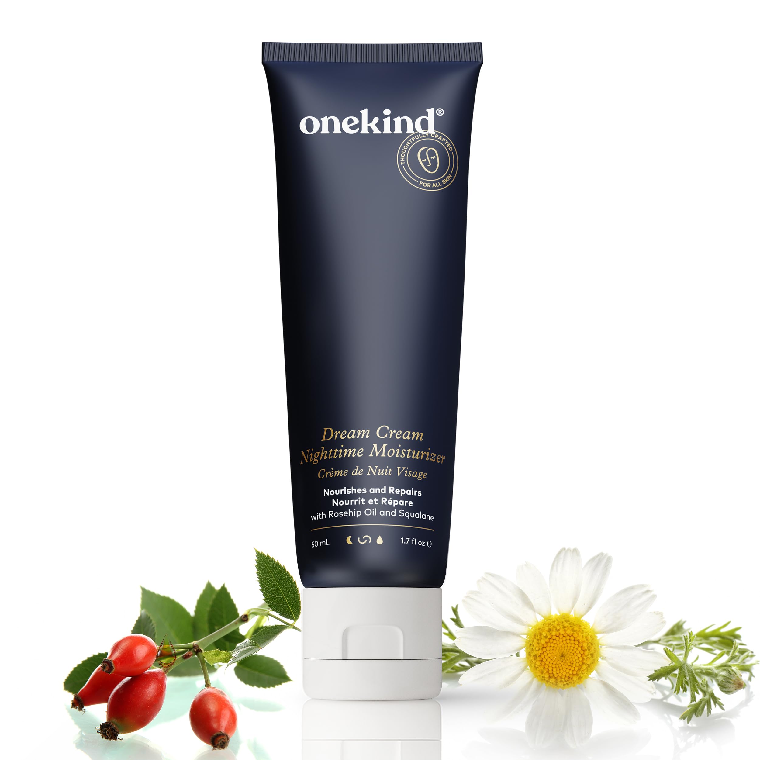Onekind Dream Cream Night jar closeup shows fragrance-free hydration for dry skin.