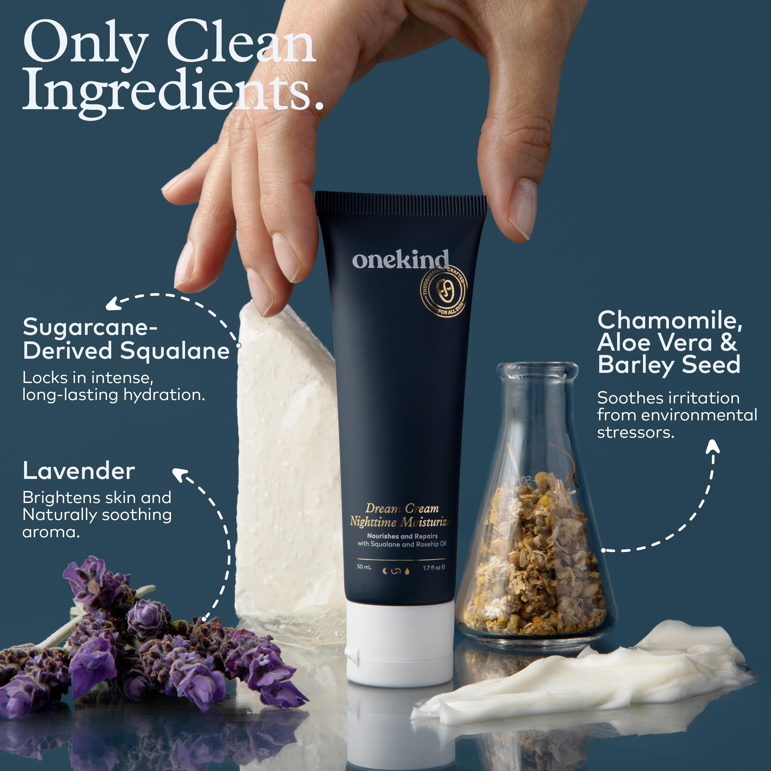 Onekind Dream Cream Night non-greasy finish shows lightweight overnight feel for slugging.