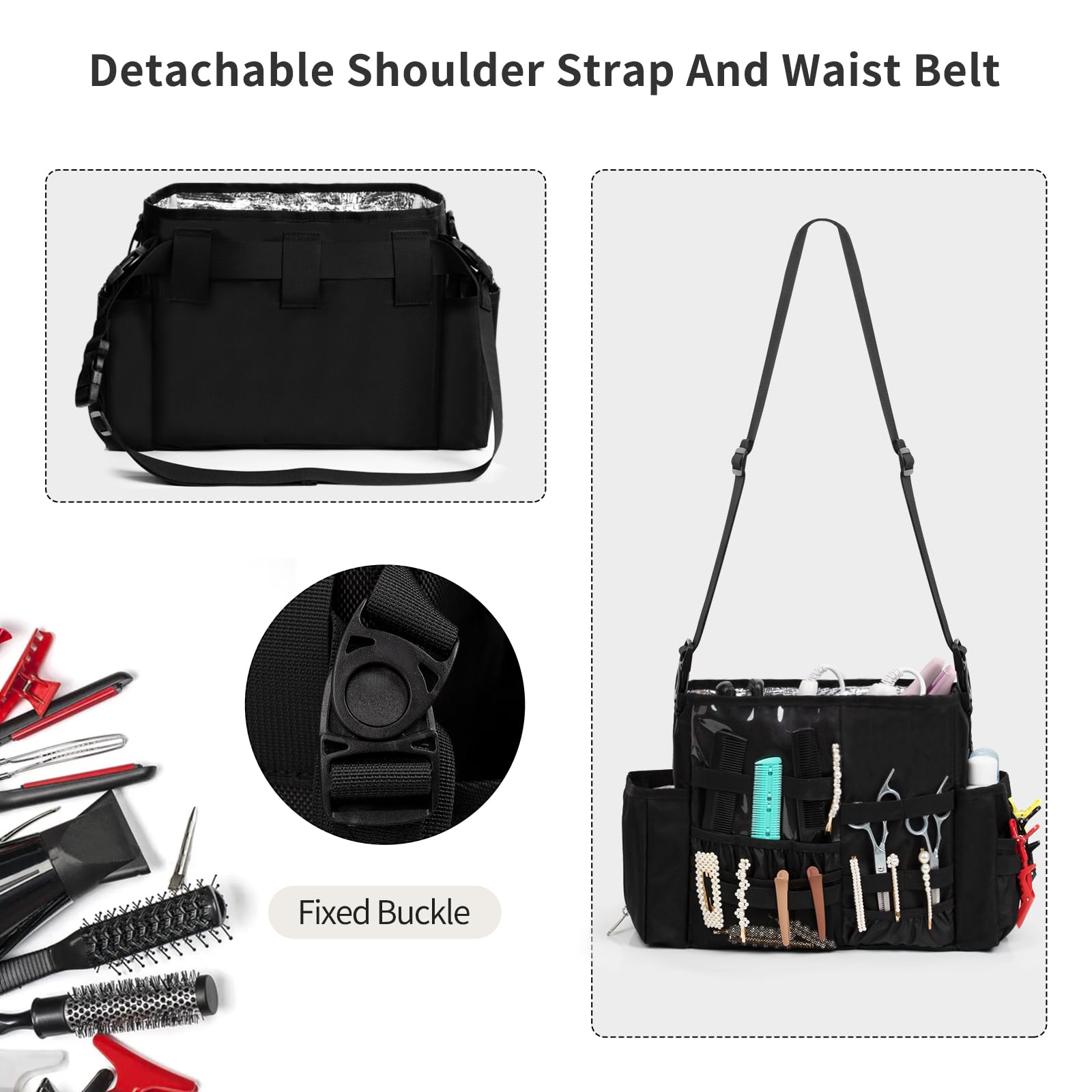 Onemoky hairdresser bag detachable straps adjust for comfortable shoulder or waist carry.