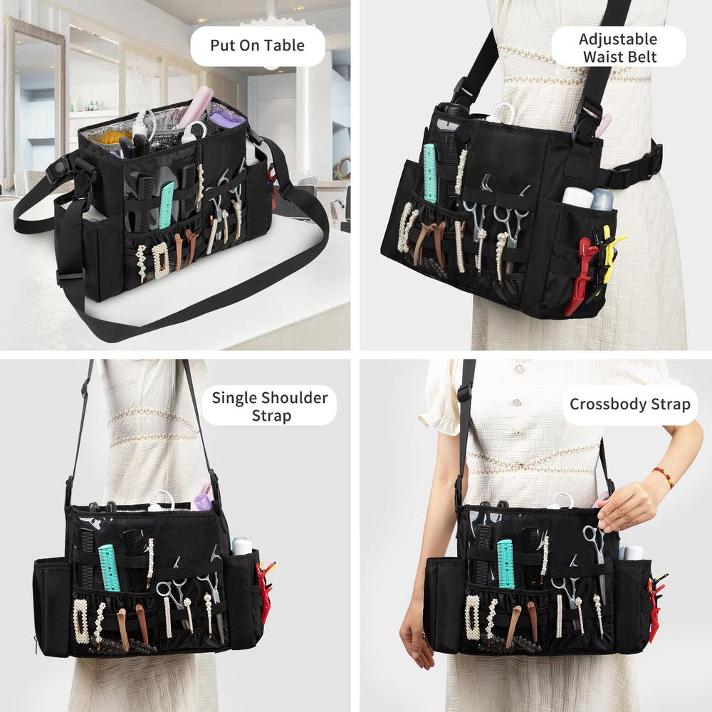 Onemoky bag large capacity holds dryer, straighteners, clippers, and cosmetics.