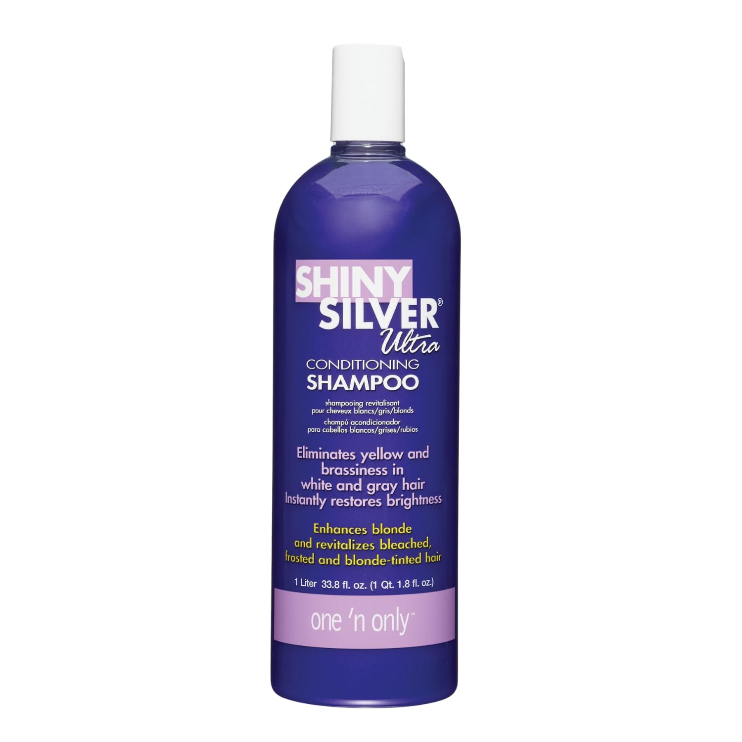 One 'N Only Shiny Silver Purple Shampoo bottle with argan oil for hydrated, bright hair.