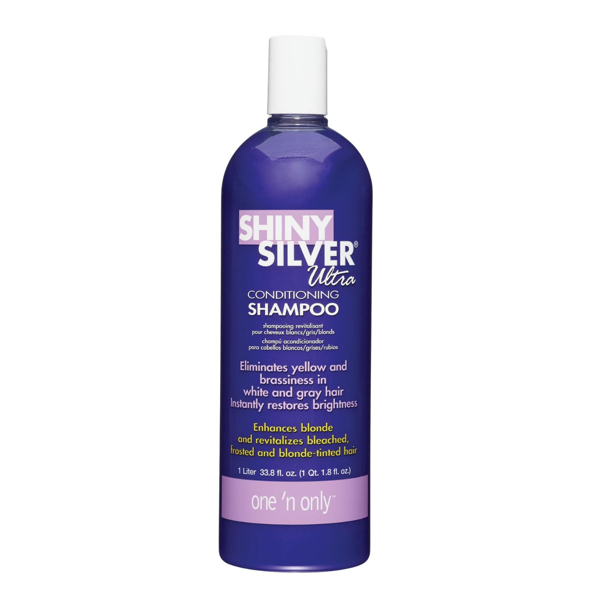 One 'N Only Shiny Silver Purple Shampoo bottle with argan oil for hydrated, bright hair.