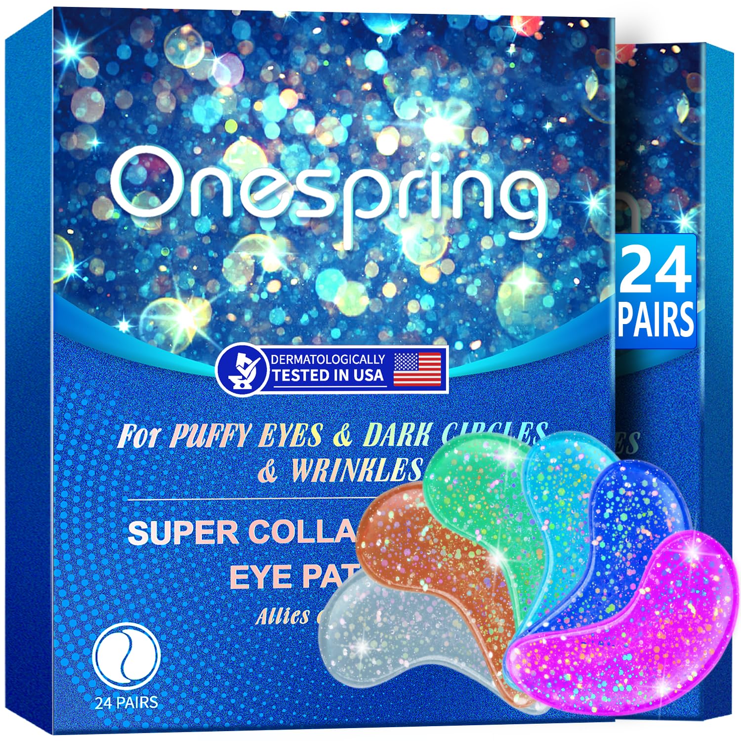 Onespring Eye Gel Pads packaging shows a 24-pair box for convenient under-eye care