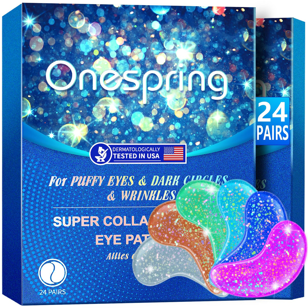 Onespring Eye Gel Pads packaging shows a 24-pair box for convenient under-eye care