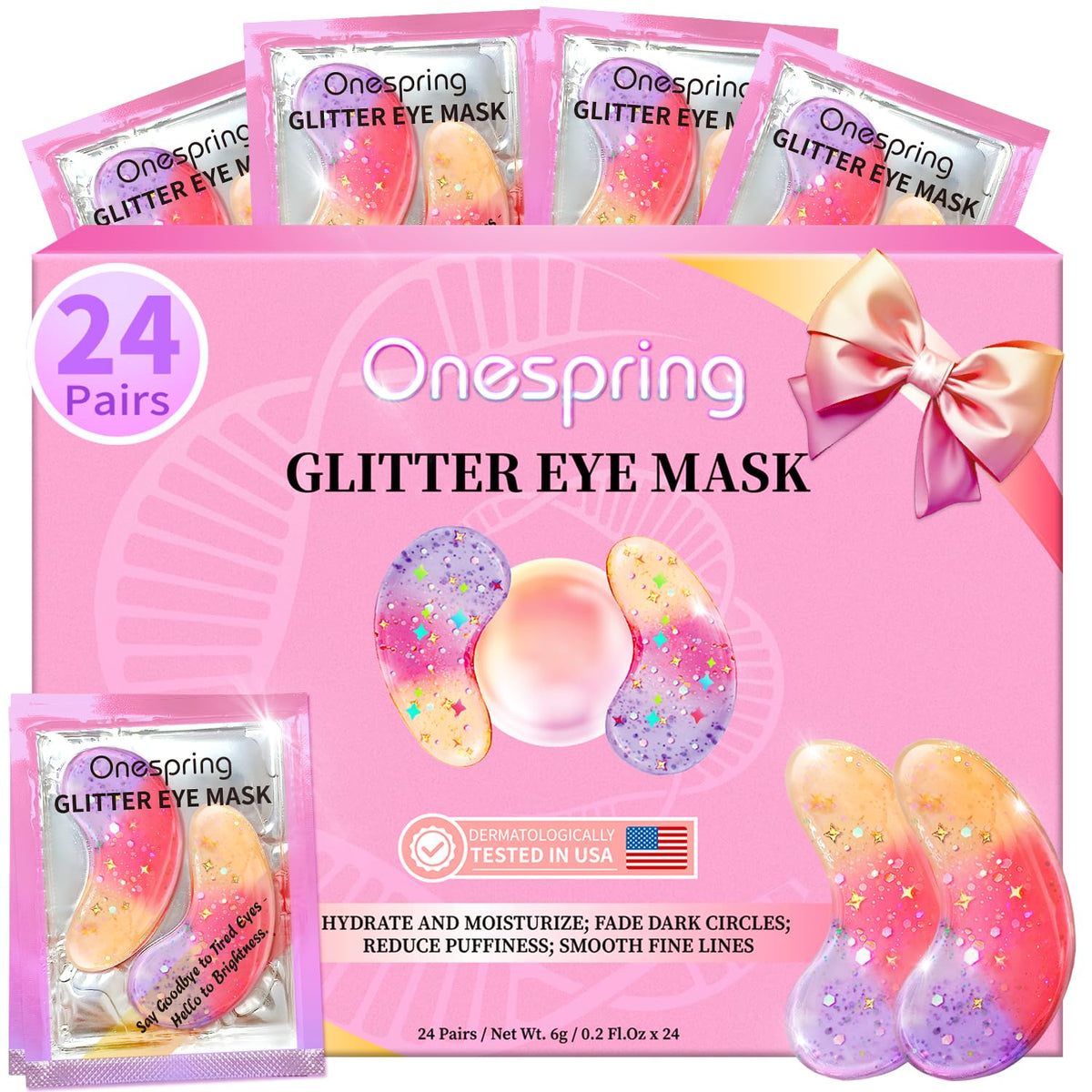 Onespring Eye Masks box shows 24-pair set for convenient, spa-like under-eye care.
