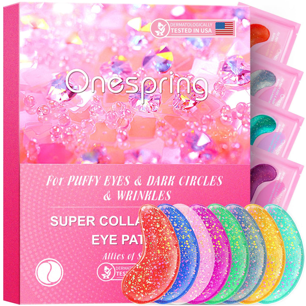 Onespring under eye patches 24-pair pack highlighting collagen and pearl extract for refreshed eyes.